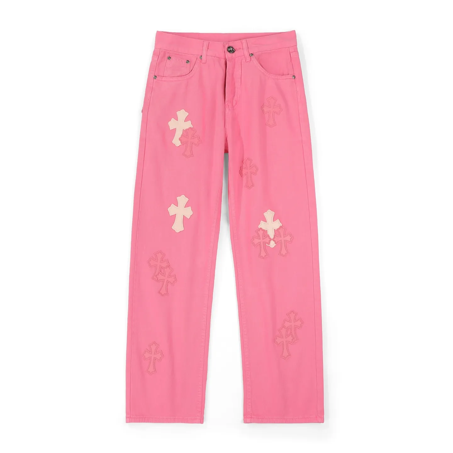 P260 Chrome hearts｜ch Chrome Hearts Limited Barbie Pink Leather Jeans for Girls - Charming dopamine personalized jeans, indispensable for fashionistas, the same model for celebrities, and one touted by many bloggers. This new pair of pants is perfect in terms of shape and upper body. It is no exaggeration to say that making a pair of jeans is equivalent to making 20 short-sleeved pieces. The fabric is made of high-quality imported denim. It has a unique high-end texture. I am very satisfied with it after washing and proofing several times.  Color: Barbie Pink Size: 28/30/32/34 Waist: 74/76/78/80 Pants Length: 101/102/103/104